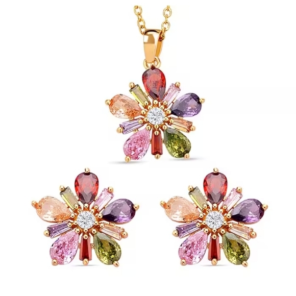 Source Unknown Jewelry - Elegant Multicolor Gemstone Flower Pendant Necklace Set